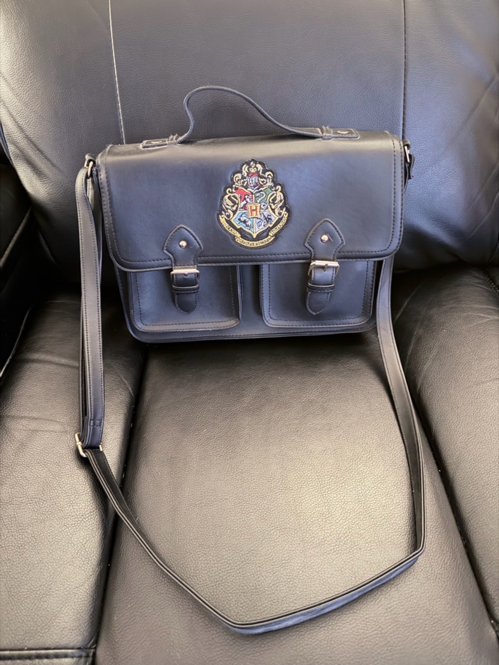 Harry Potter Hogwarts Crest Satchel Crossbody Bag Black Faux Leather